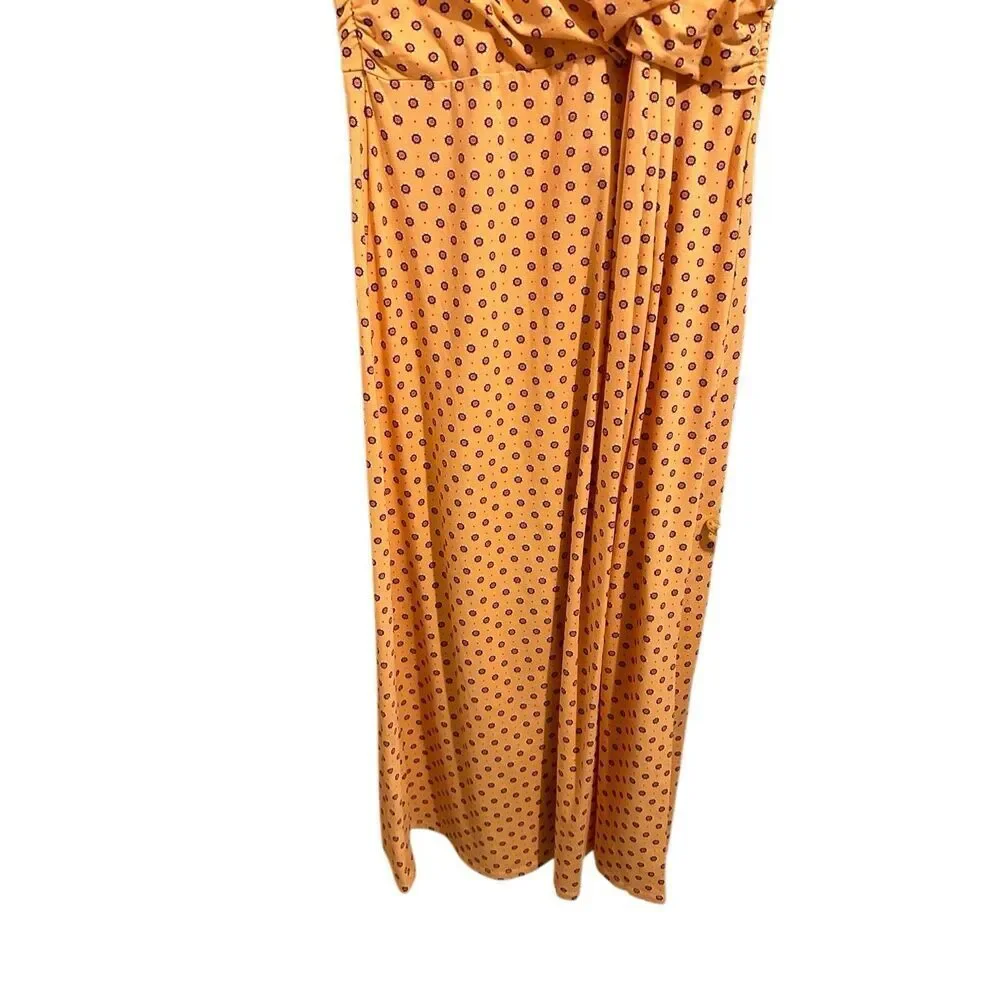 Lands' End Coral Print V-Neck Draped Wrap Midi Dress Size M/P 10-12